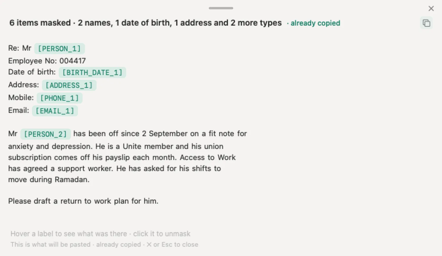 Special category data in an invented UK HR note: the Nonimo panel after the key, with name, date of birth, address, mobile and email replaced by labels, and the fit note, the union and Ramadan left in