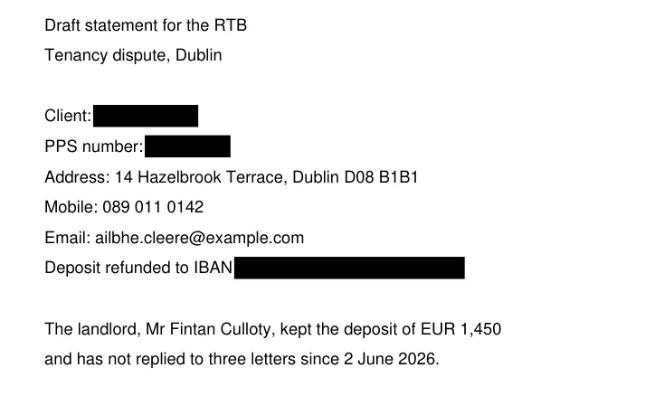 How to redact a PDF, the wrong way: an invented Irish tenancy statement with black boxes drawn over the client name, the PPS number and the IBAN
