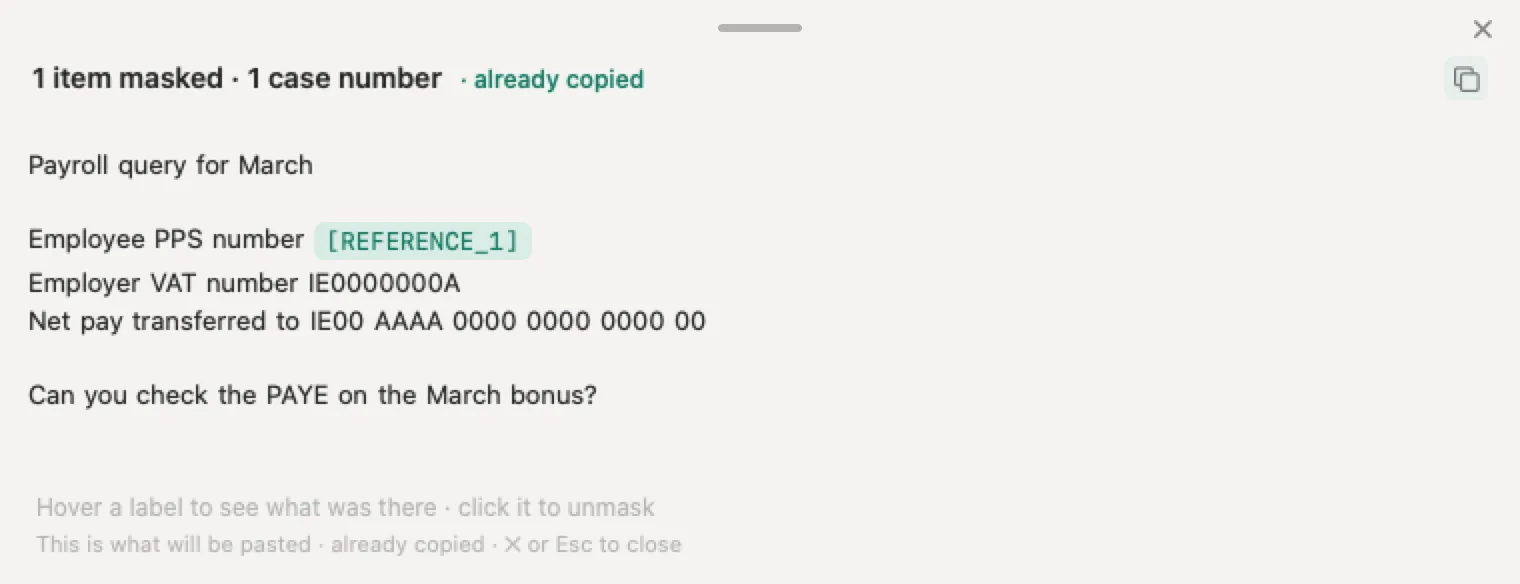 Special category data under GDPR on a payroll query: an invented employee's PPS number replaced by a marker before the question reaches a chatbot