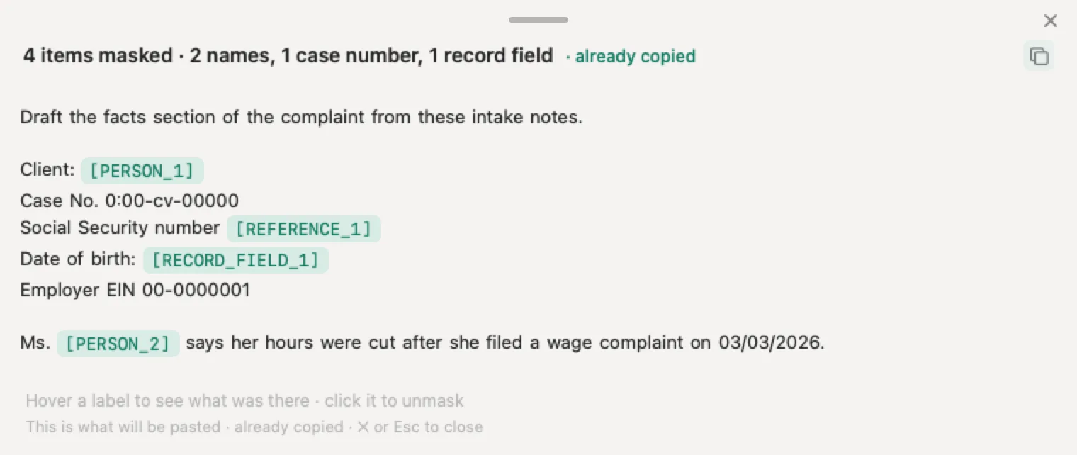 PHI vs PII in an employment case file: invented intake notes in which the client name, Social Security number and date of birth have become placeholders before they reach ChatGPT