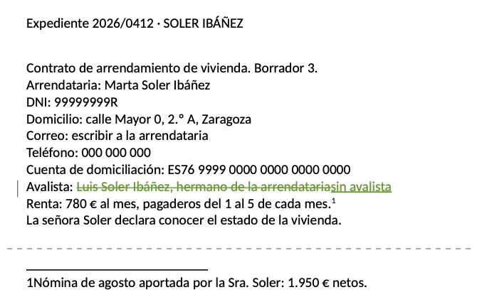 Anonimizar datos de un documento Word: el PDF del contrato de prueba conserva el encabezado con el apellido, el avalista borrado y la nota al pie