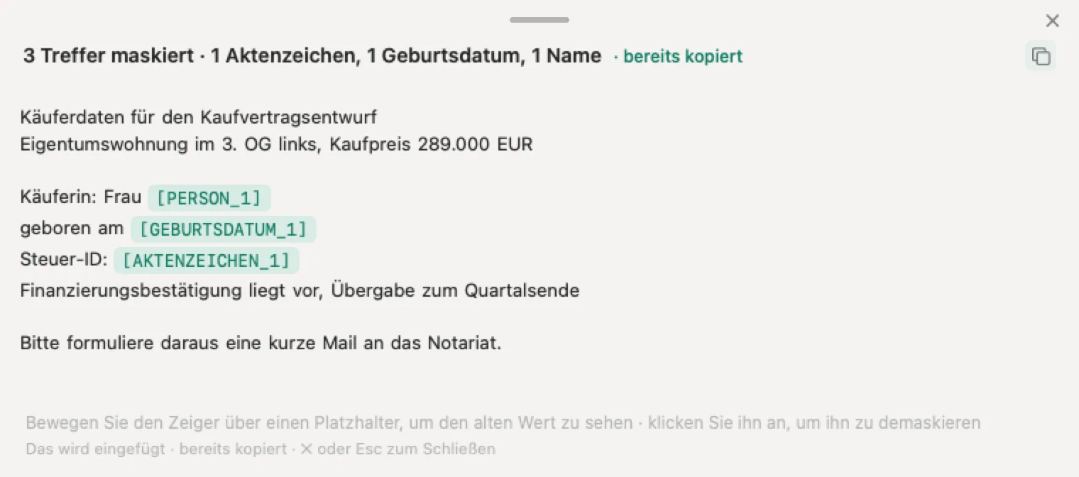 KI für Immobilienmakler mit Nonimo: ein Datenblatt für den Notar, in dem Käuferin, Geburtsdatum und Steuer-ID Platzhalter tragen, während Wohnung, Kaufpreis und Übergabetermin lesbar bleiben