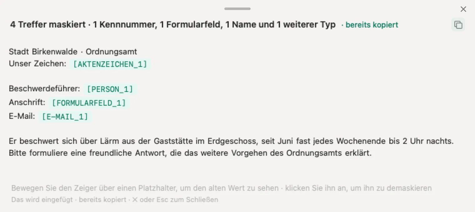 ChatGPT in der Kommune mit Nonimo: eine erfundene Lärmbeschwerde, bei der Name, Anschrift, E-Mail und Aktenzeichen des Bürgers ersetzt sind und der Name der Stadt lesbar bleibt