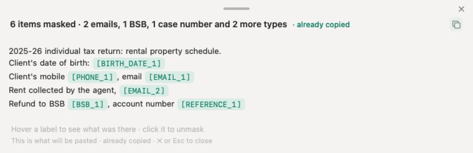 AI for accountants with Nonimo: an invented rental property schedule with the date of birth, mobile, two email addresses, BSB and account number swapped for placeholders
