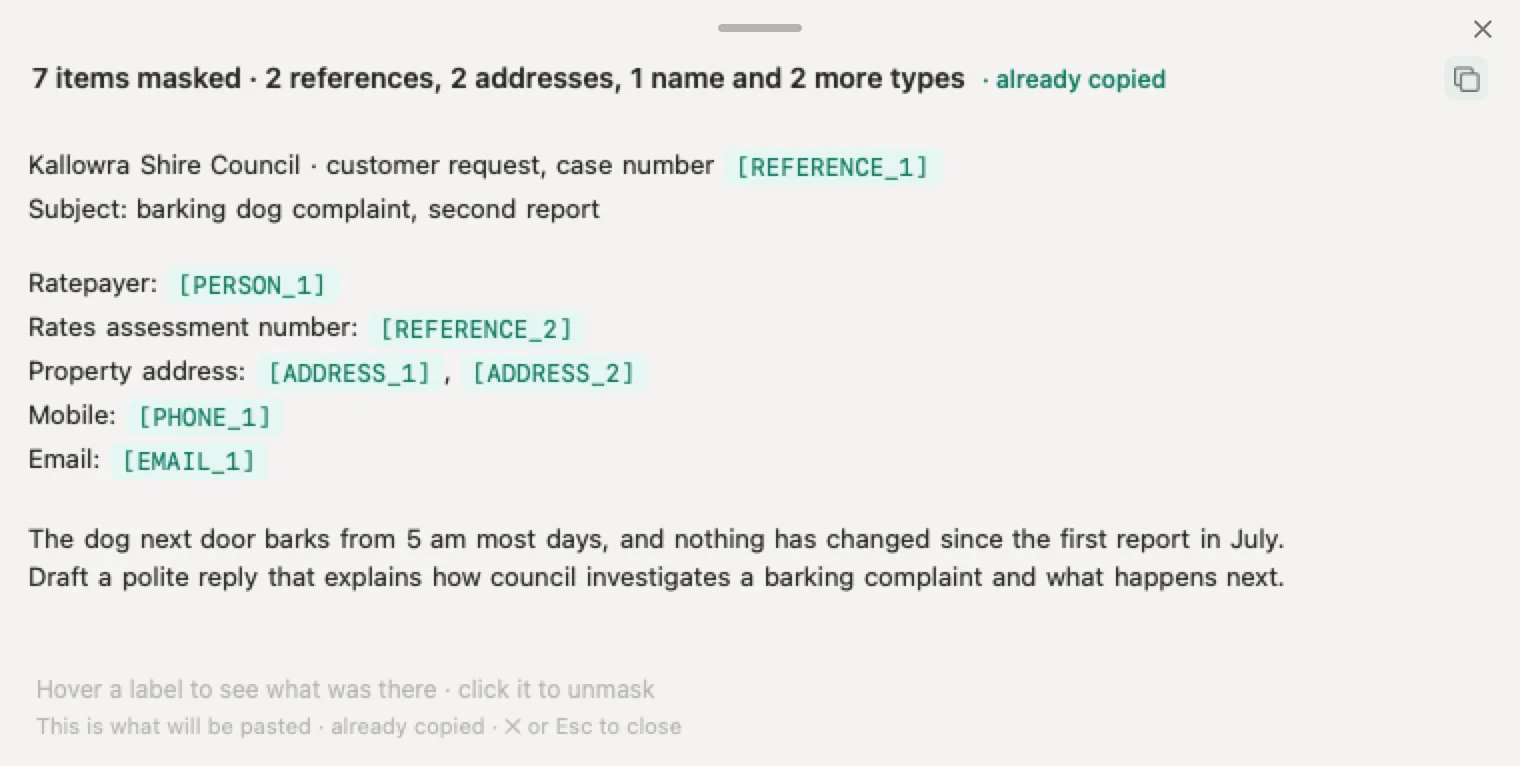 ChatGPT for councils with Nonimo: an invented barking dog complaint with the ratepayer's name, rates assessment number, address, mobile, email and case number masked on the officer's computer, and the shire's name still readable