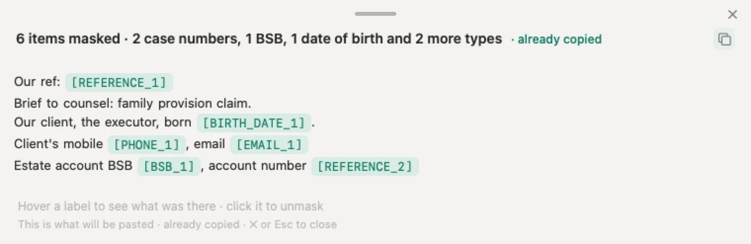 AI for law firms with Nonimo: an invented brief to counsel with the file reference, date of birth, mobile, email, BSB and account number swapped for placeholders