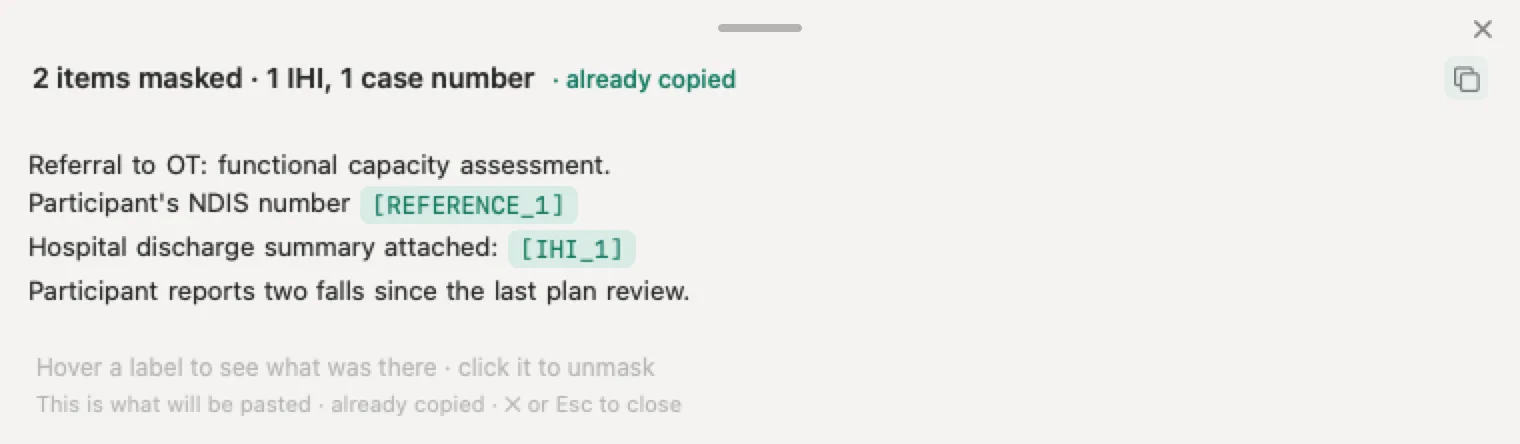 AI for NDIS progress notes with Nonimo: an invented referral with the NDIS number and the unlabelled IHI covered