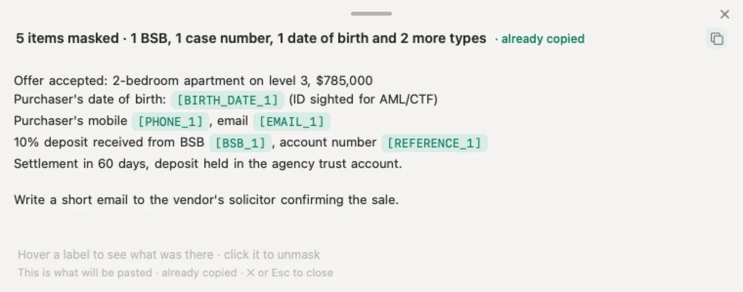 AI for real estate agents with Nonimo: an invented sales file with the purchaser's date of birth, mobile, email, BSB and account number turned into placeholders, and the price and settlement terms still readable