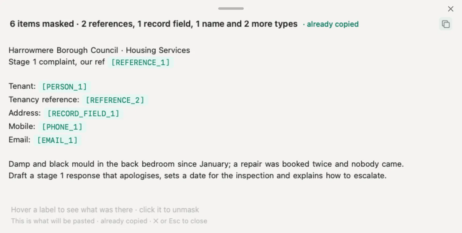 ChatGPT for councils with Nonimo: an invented damp and mould complaint with the tenant's name, tenancy reference, address, mobile, email and complaint reference masked, and the council's name still readable