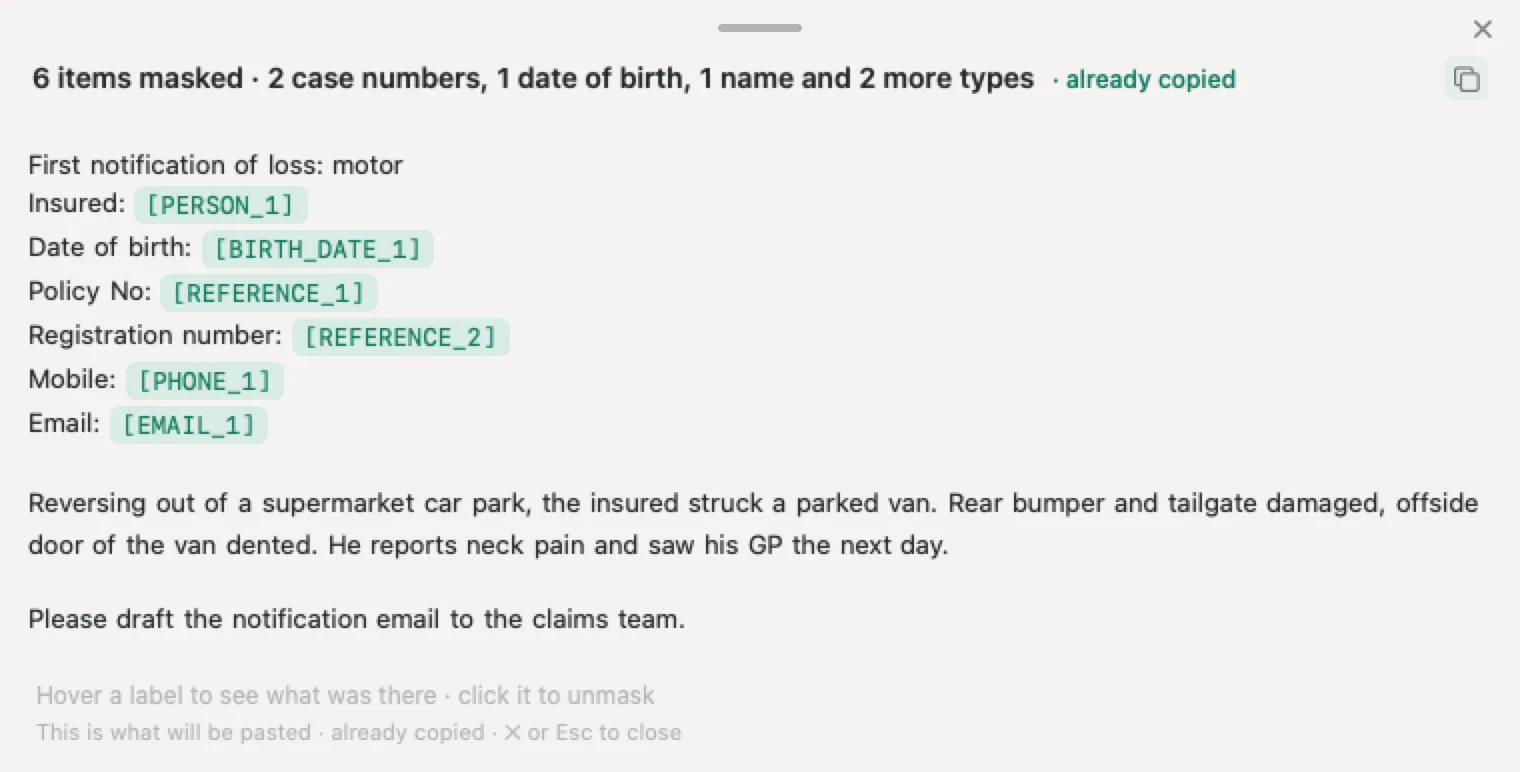 Is ChatGPT safe for insurance brokers with Nonimo: a made-up motor claim notification in which the insured, date of birth, policy number, registration, mobile and email are placeholders, while the account of the loss stays readable