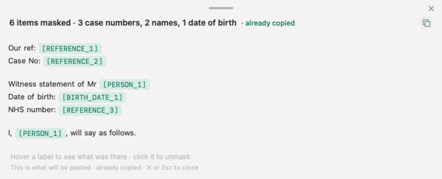 AI for solicitors with Nonimo: an invented witness statement with both references, the client's name, date of birth and NHS number replaced by placeholders