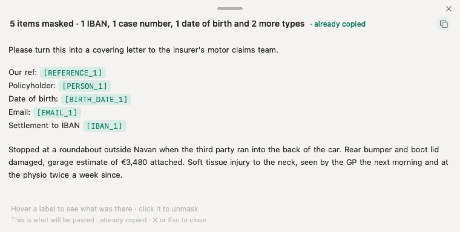 AI for insurance brokers in Ireland with Nonimo: an invented motor claim note where the reference, policyholder, date of birth, email and IBAN are markers, while the accident, the estimate and the injury stay readable