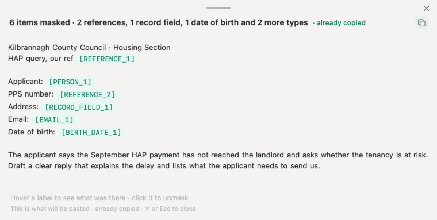 ChatGPT for local authorities with Nonimo: an invented HAP query with the applicant's name, PPS number, address, email, date of birth and file reference masked, and the council's name still readable
