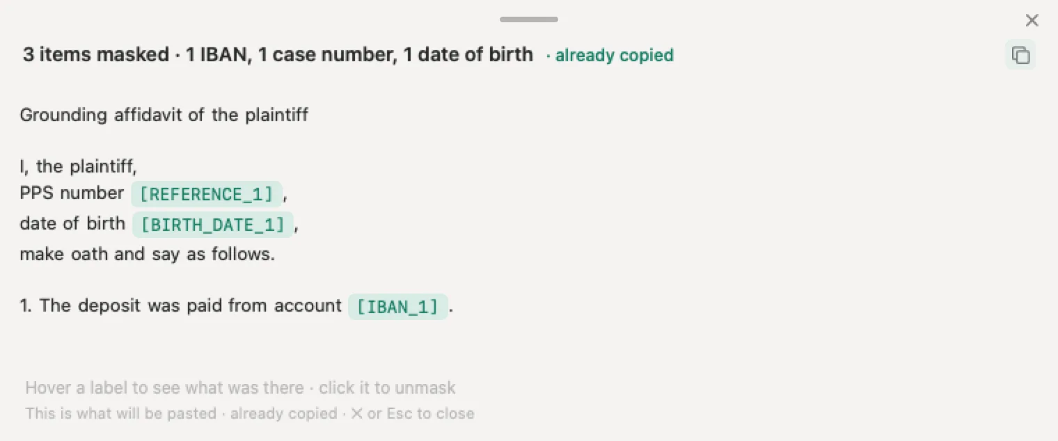 Can solicitors use ChatGPT with Nonimo: an invented grounding affidavit with the PPS number, date of birth and IBAN covered as markers