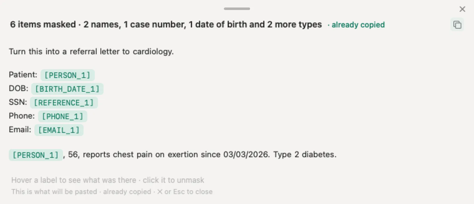 Is ChatGPT HIPAA compliant? Nonimo on a practice workstation, with the patient's name, date of birth, SSN, phone and email in a referral letter replaced by placeholders