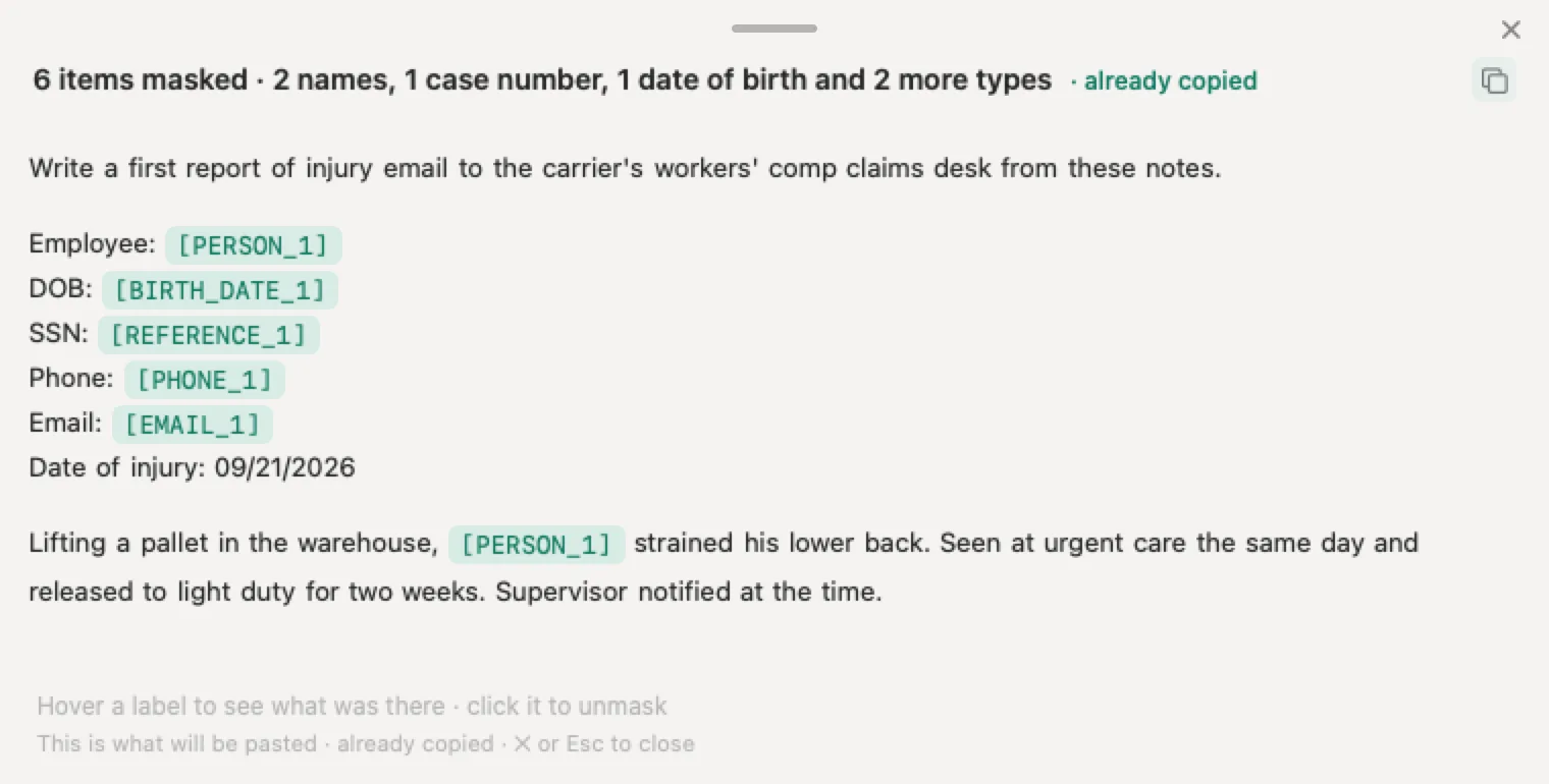Is ChatGPT safe for insurance agents? Nonimo on an agency computer, where a workers' comp injury report shows the injured employee's name, Social Security number, birth date, phone number and email as placeholders