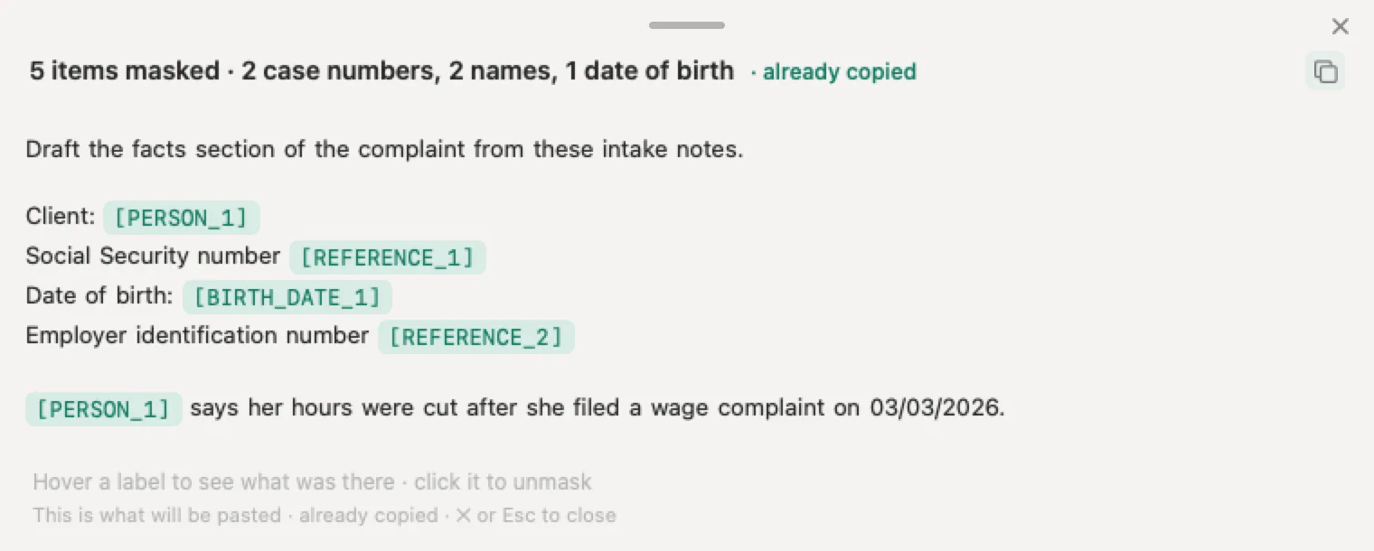 A law firm AI policy at the keyboard: Nonimo masking the client name, SSN, date of birth and the employer's EIN in intake notes before they reach ChatGPT