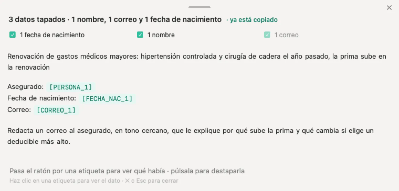 IA para agentes de seguros con Nonimo: una renovación inventada de gastos médicos mayores con el nombre, la fecha de nacimiento y el correo del asegurado ocultos, y el padecimiento y la prima a la vista