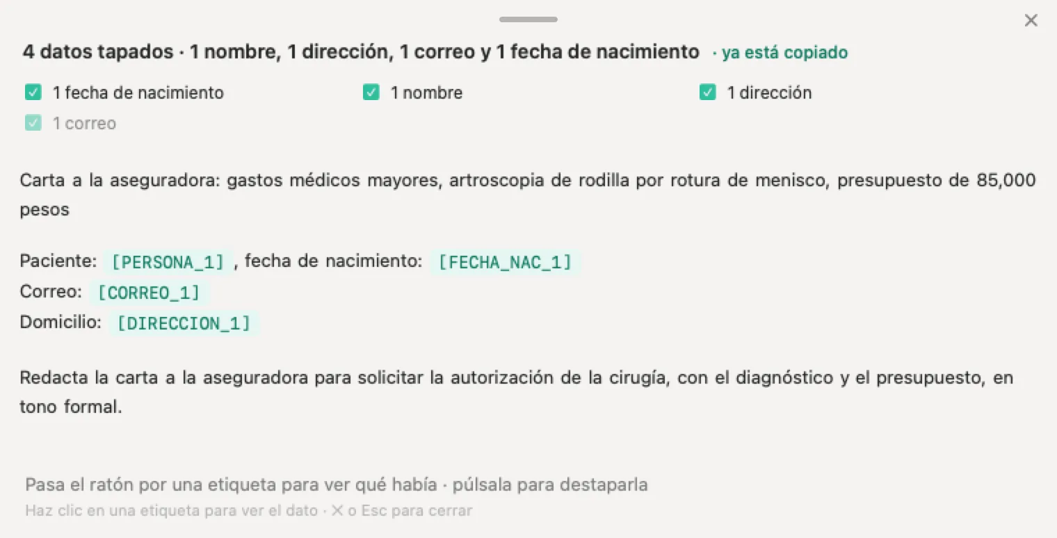 IA para consultorios y clínicas con Nonimo: una carta inventada a la aseguradora con el nombre, la fecha de nacimiento, el correo y el domicilio del paciente ocultos, y el diagnóstico y el presupuesto a la vista