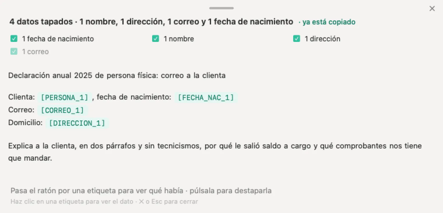 IA para contadores en México con Nonimo: el correo inventado sobre una declaración anual con el nombre, la fecha de nacimiento, el correo y el domicilio de la clienta ocultos antes de pegarlo en ChatGPT