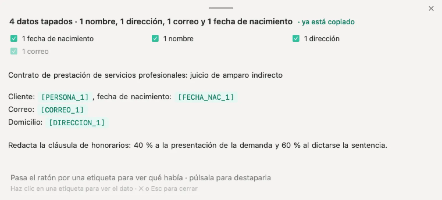 IA para abogados en México con Nonimo: un contrato de honorarios inventado con el nombre, la fecha de nacimiento, el correo y el domicilio del cliente ocultos antes de pegarlo en ChatGPT