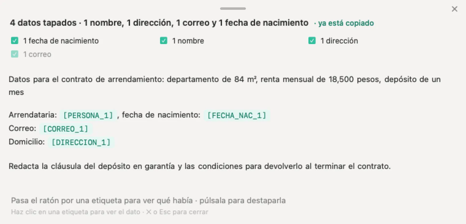 IA para inmobiliarias con Nonimo: los datos inventados de un contrato de arrendamiento con el nombre, la fecha de nacimiento, el correo y el domicilio de la arrendataria ocultos, y la renta y el depósito a la vista
