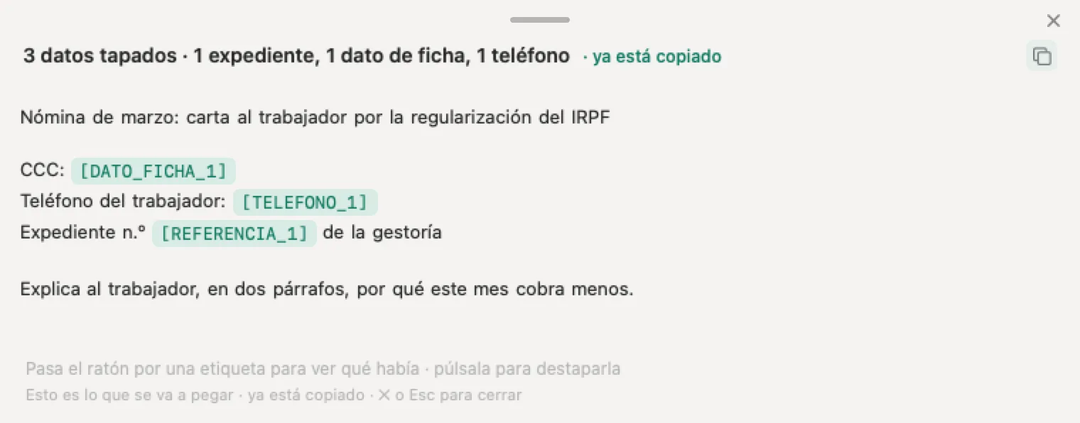 IA para gestorías administrativas con Nonimo: la carta inventada de una nómina con el código de cotización, el teléfono y el expediente tapados