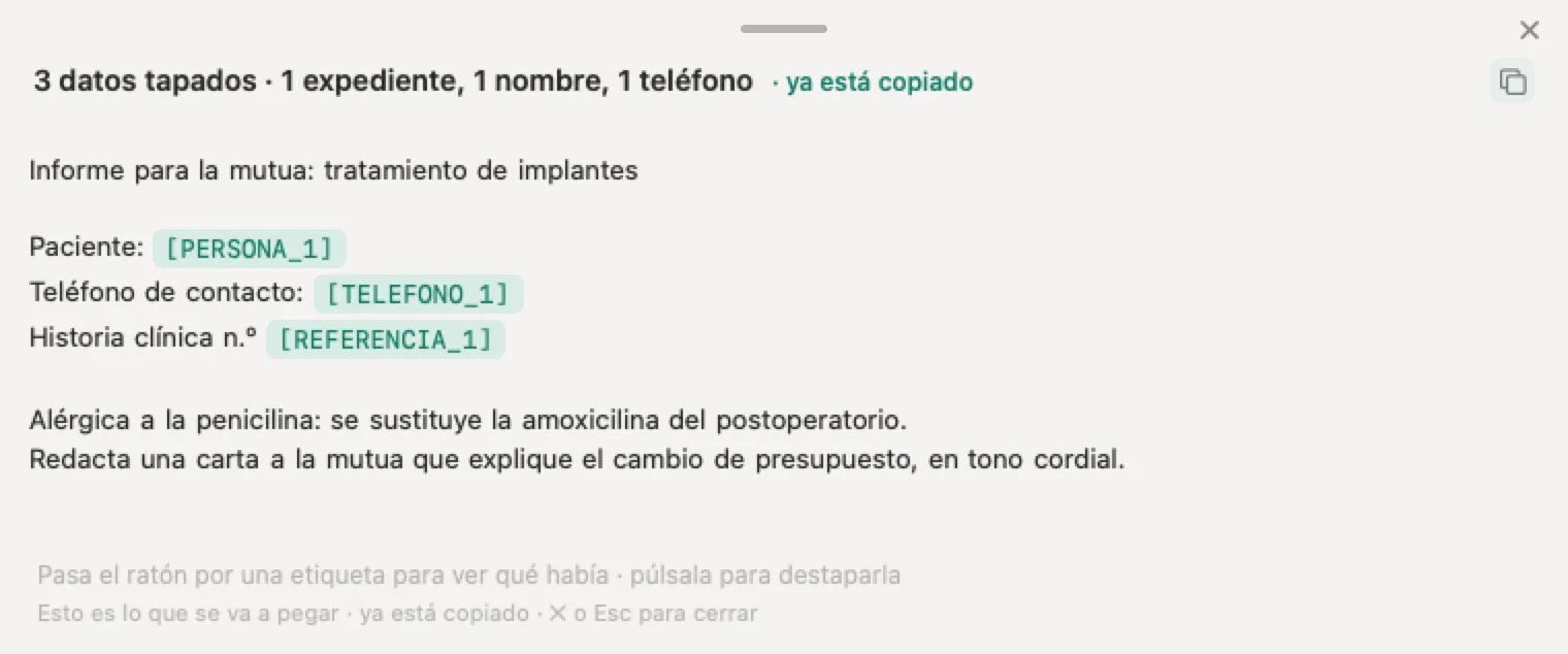 IA para médicos y clínicas dentales con Nonimo: un informe inventado para la mutua con el nombre, el teléfono y la historia clínica tapados a la vista