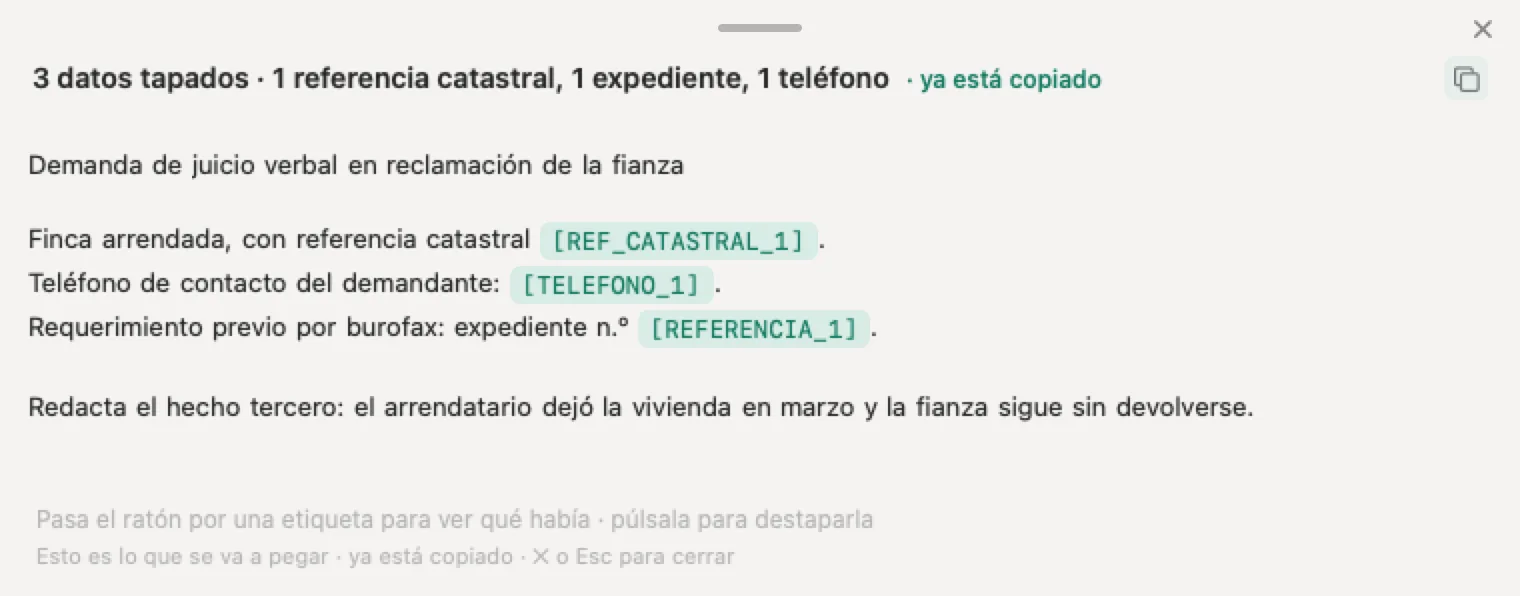 IA para despachos de abogados con Nonimo: una demanda inventada con la referencia catastral, el teléfono y el expediente tapados a la vista