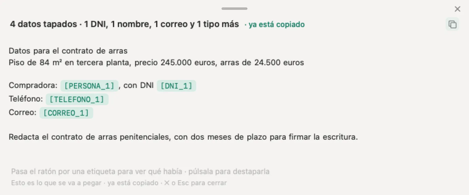 IA inmobiliaria con Nonimo: los datos inventados de un contrato de arras con el nombre, el DNI, el teléfono y el correo tapados, y el precio y las arras a la vista