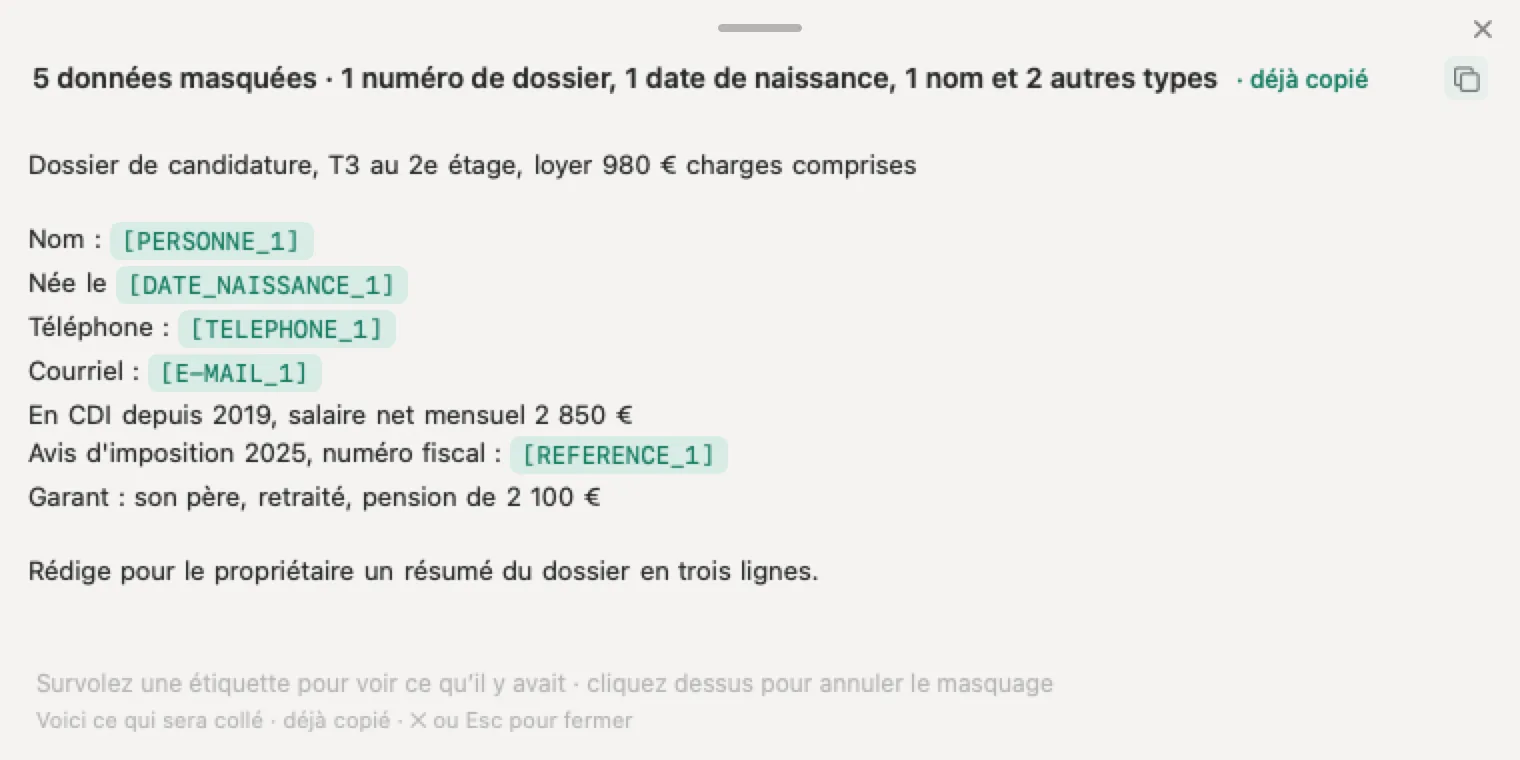 IA en agence immobilière avec Nonimo : un dossier de candidature dont le nom, la date de naissance, le téléphone, le courriel et le numéro fiscal sont remplacés par des étiquettes, le loyer et le salaire restant lisibles