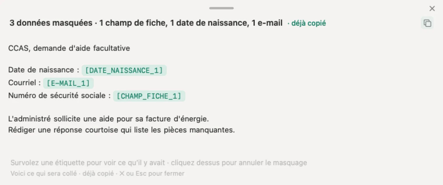 IA et collectivités territoriales : dans Nonimo, une demande d'aide au CCAS où le numéro de sécurité sociale, la date de naissance et l'adresse électronique laissent place à des étiquettes