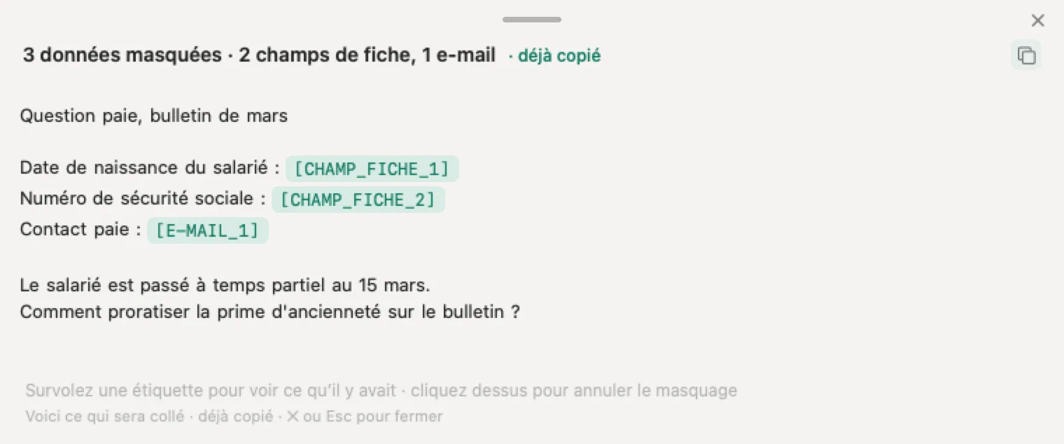 ChatGPT pour cabinet comptable avec Nonimo : une question de paie dont la date de naissance, le numéro de sécurité sociale et le courriel sont remplacés par des étiquettes