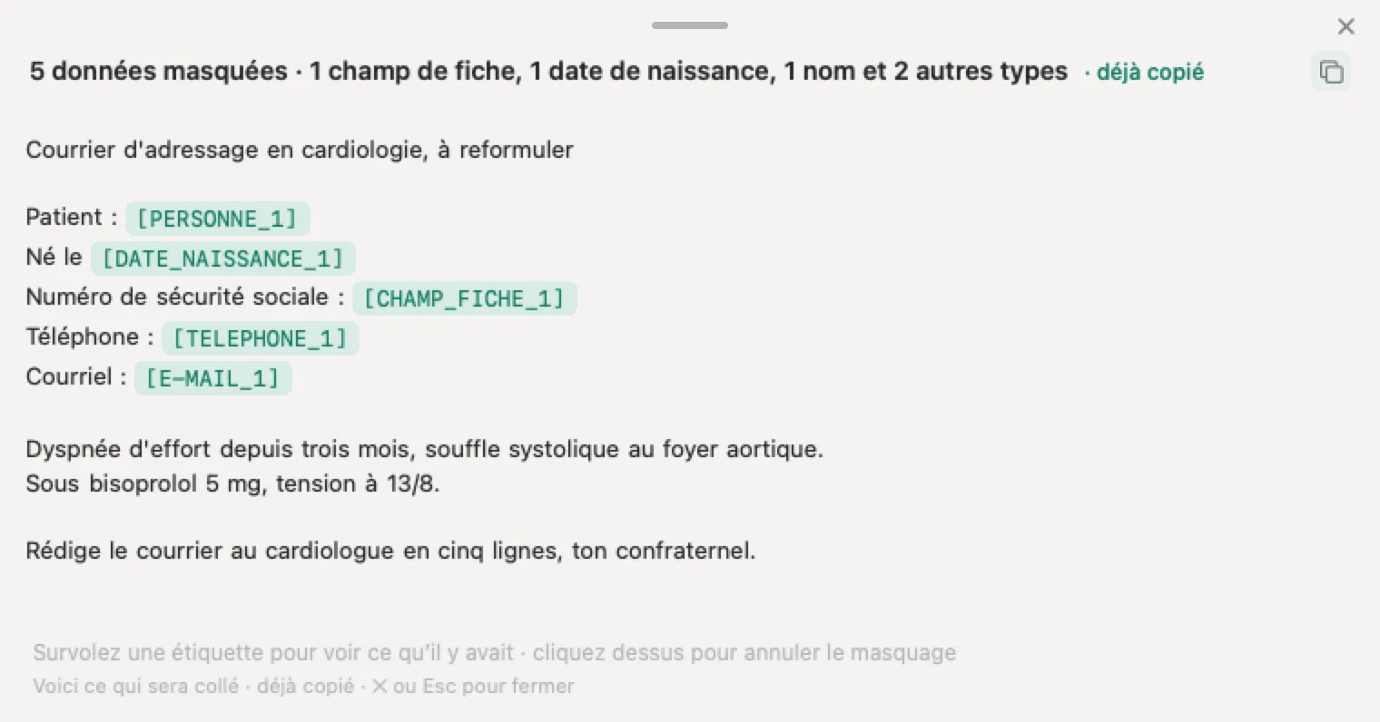 IA pour les médecins avec Nonimo : un courrier d'adressage inventé où le nom du patient, sa date de naissance, son NIR, son téléphone et son courriel ont laissé place à des étiquettes, les lignes cliniques restant lisibles
