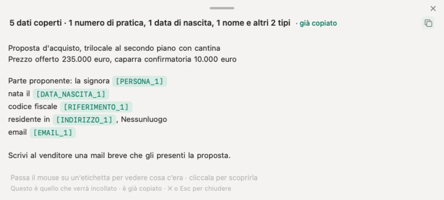 IA per agenzie immobiliari con Nonimo: una proposta d'acquisto inventata in cui proponente, data di nascita, codice fiscale, via ed email portano etichette, mentre immobile, prezzo e caparra restano leggibili