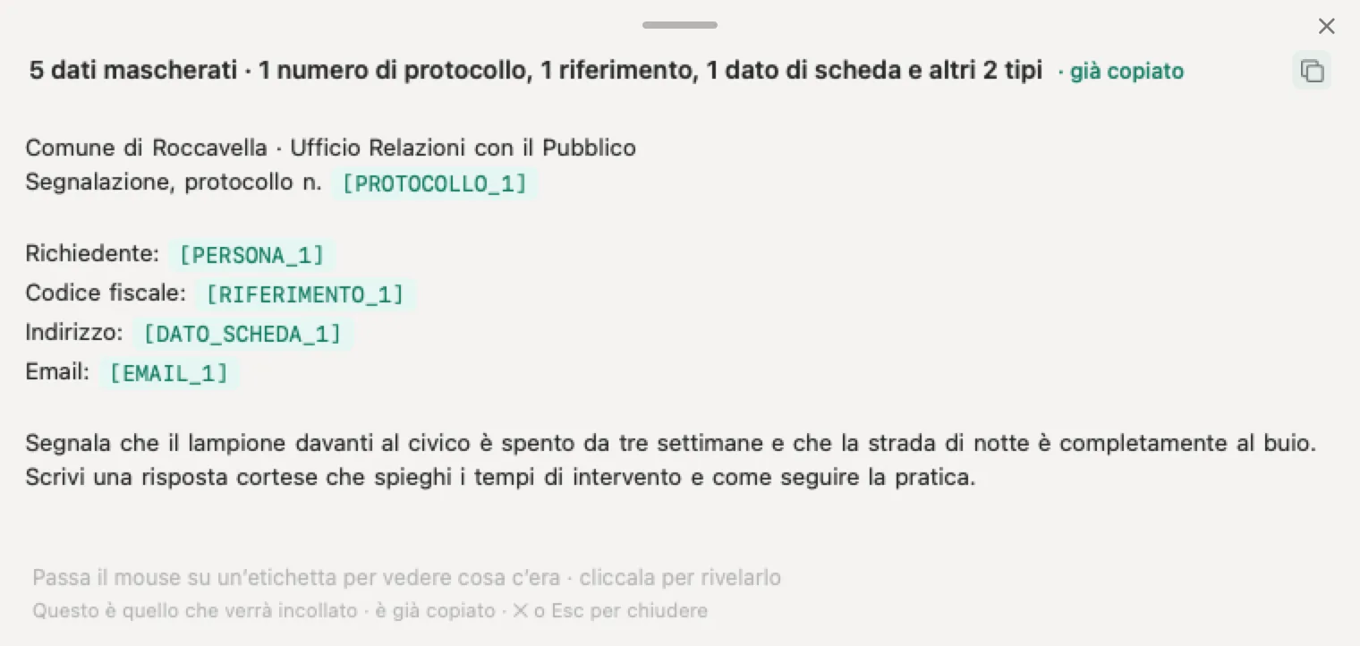 ChatGPT nei Comuni con Nonimo: una segnalazione inventata con nome, codice fiscale, indirizzo, email e numero di protocollo del cittadino coperti, e il nome del Comune leggibile