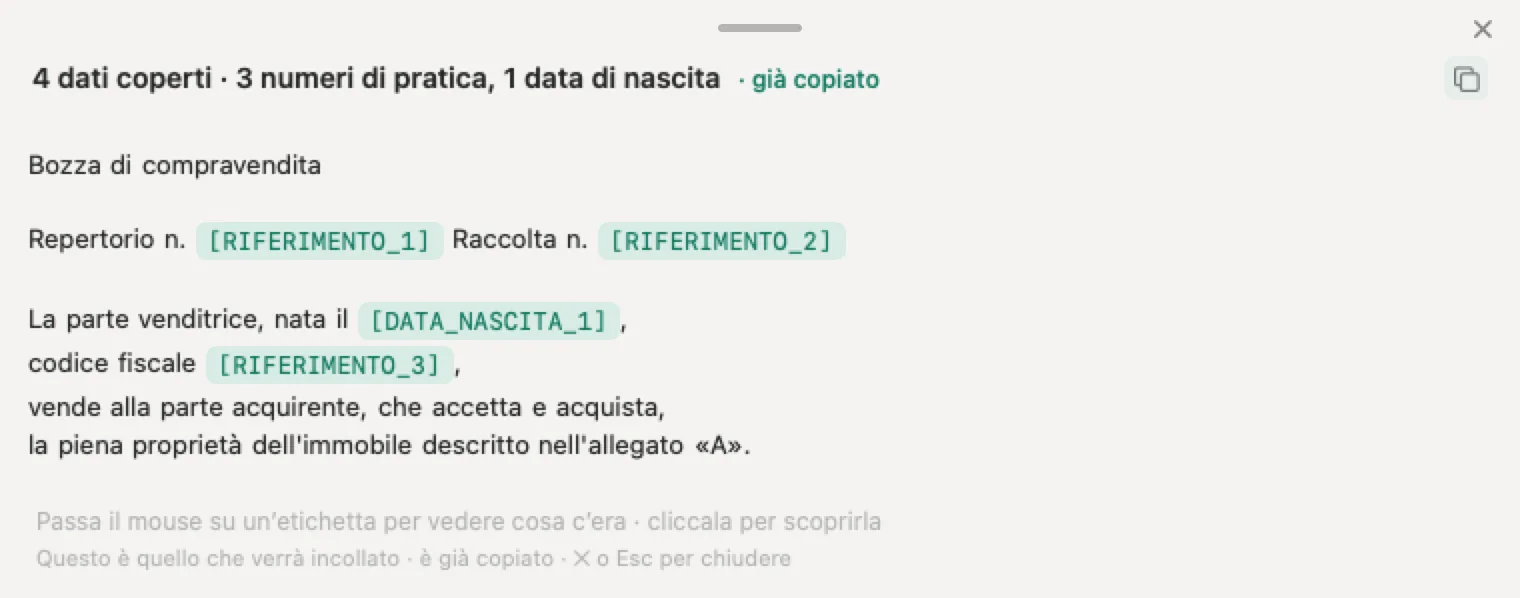 Intelligenza artificiale per i notai con Nonimo: la bozza di una compravendita inventata dopo il tasto, con repertorio, raccolta, data di nascita e codice fiscale della parte sostituiti da etichette