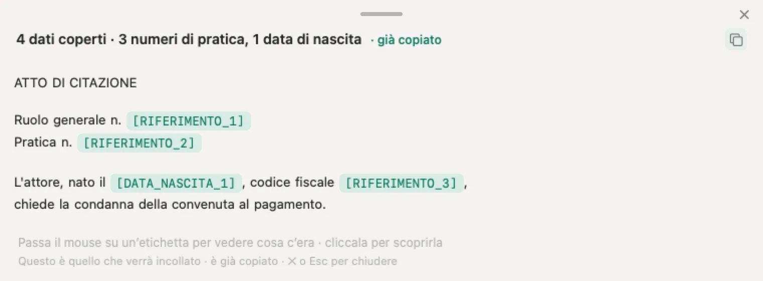 ChatGPT per avvocati, con Nonimo prima dell'invio: in un atto di citazione inventato il codice fiscale, la data di nascita e i numeri di ruolo e di pratica sostituiti da etichette