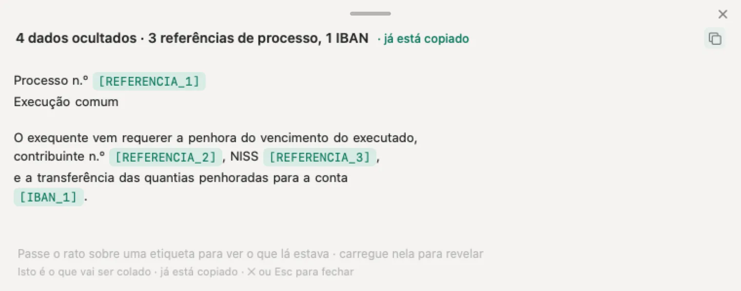 ChatGPT para advogados com o Nonimo: um requerimento de penhora inventado com o número do processo, o NIF, o NISS e o IBAN ocultados