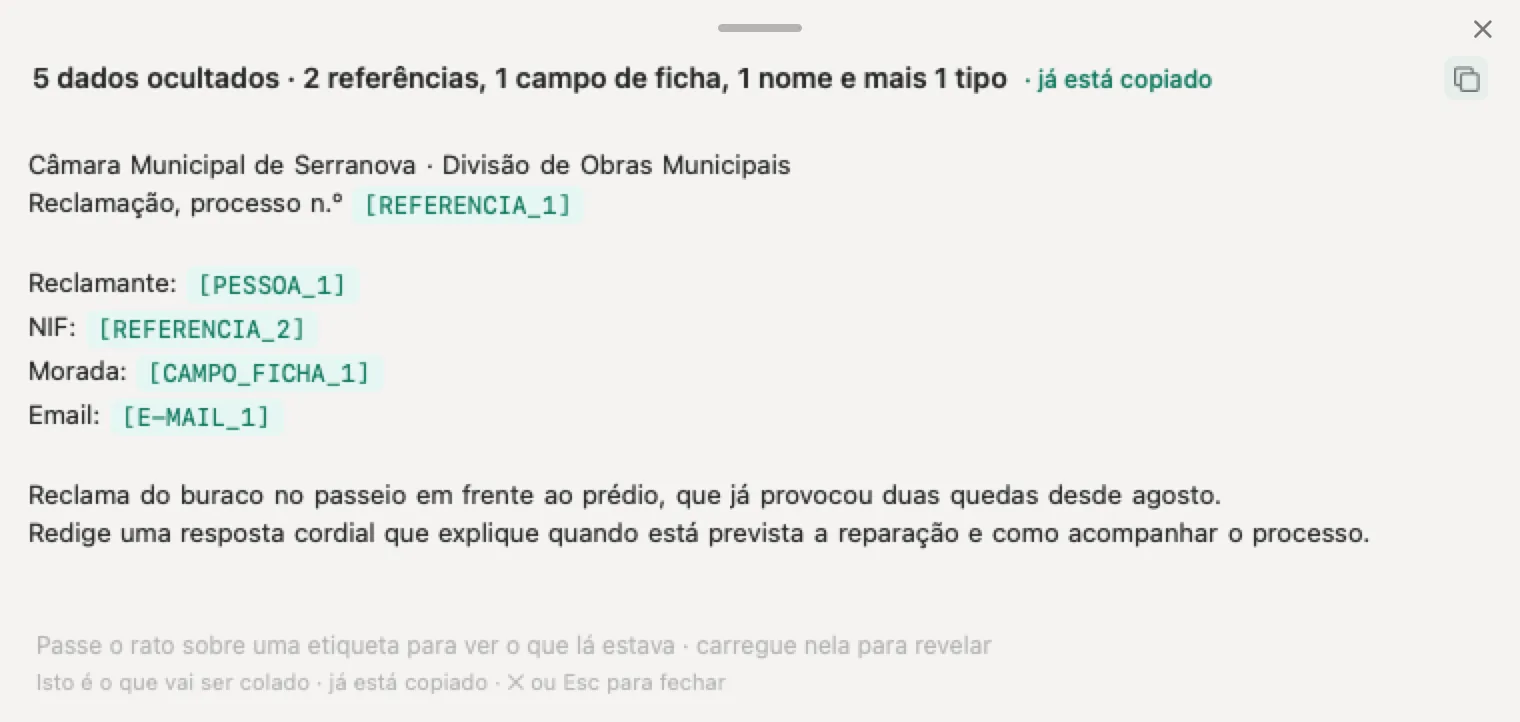 ChatGPT na câmara municipal com o Nonimo: uma reclamação inventada com o nome, o NIF, a morada, o email e o número de processo do munícipe ocultados, e o nome da câmara à vista