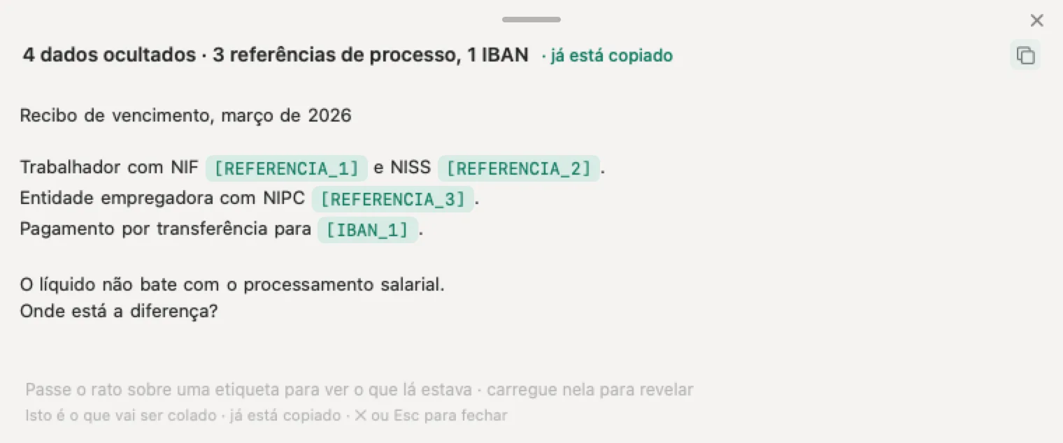ChatGPT para contabilistas com o Nonimo: um recibo de vencimento inventado com o NIF, o NIPC, o NISS e o IBAN ocultados