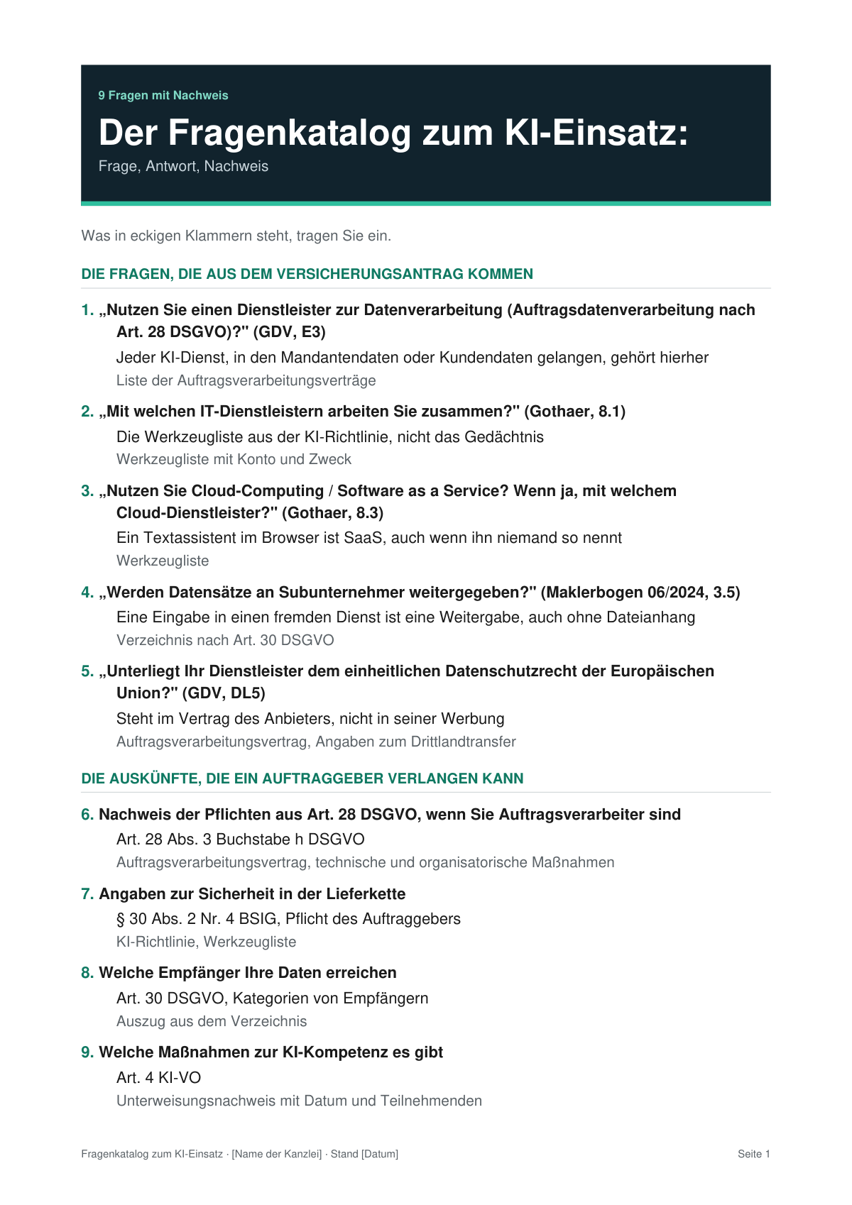 Erste Seite des Fragenkatalogs zum KI-Einsatz, mit den neun Fragen, der Grundlage der Antwort und dem beizulegenden Nachweis