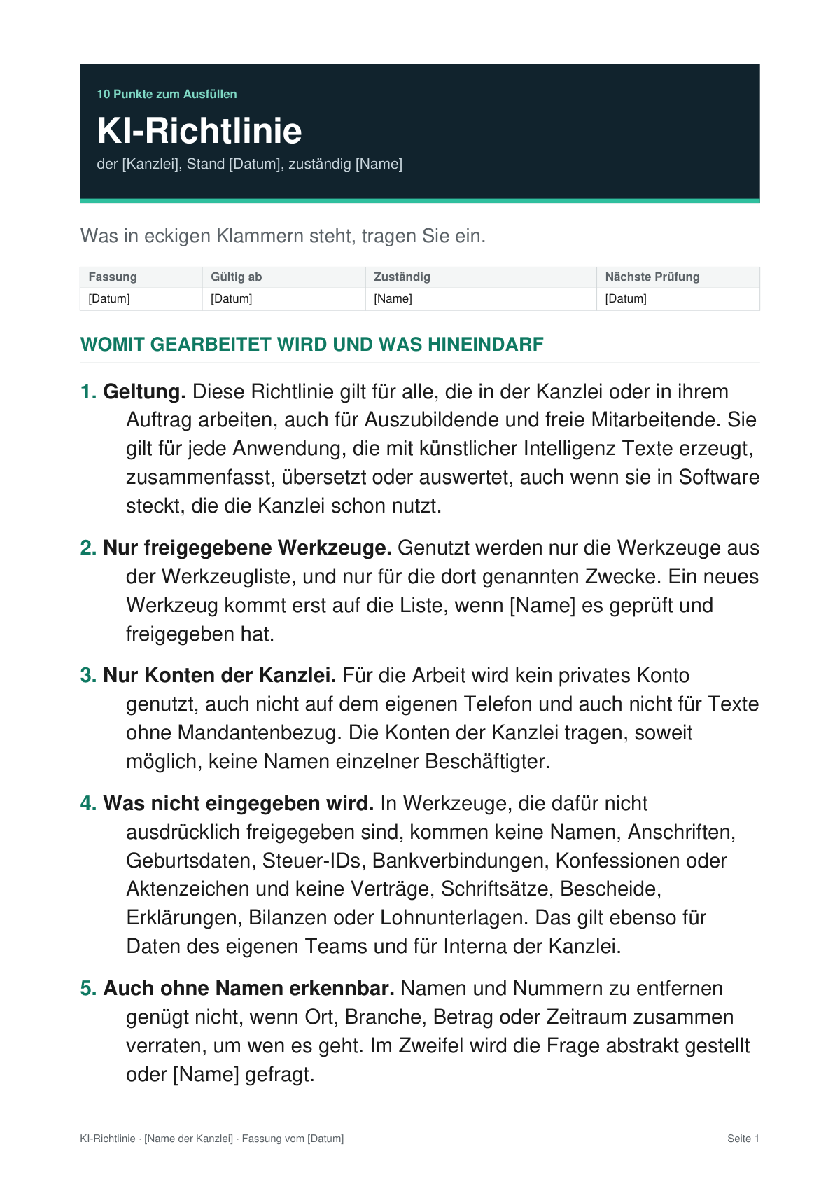 Erste Seite des Musters einer KI-Richtlinie, mit den zehn Punkten zum Ausfüllen