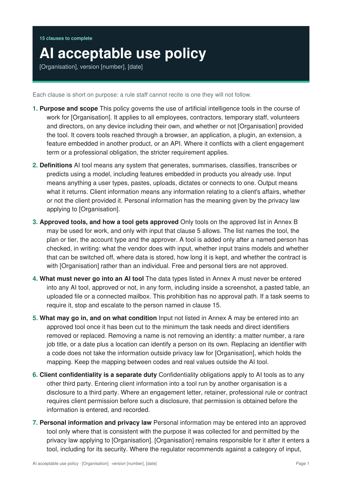 First page of the AI acceptable use policy template, with the numbered clauses to complete