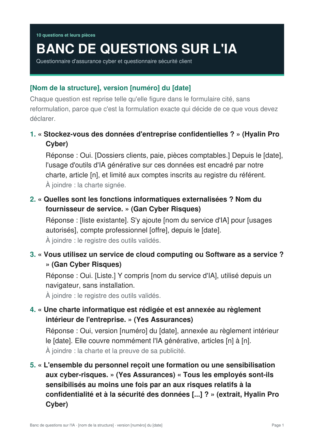 Première page du banc de questions sur l'IA, avec les dix questions, la réponse type et la pièce à joindre à chacune