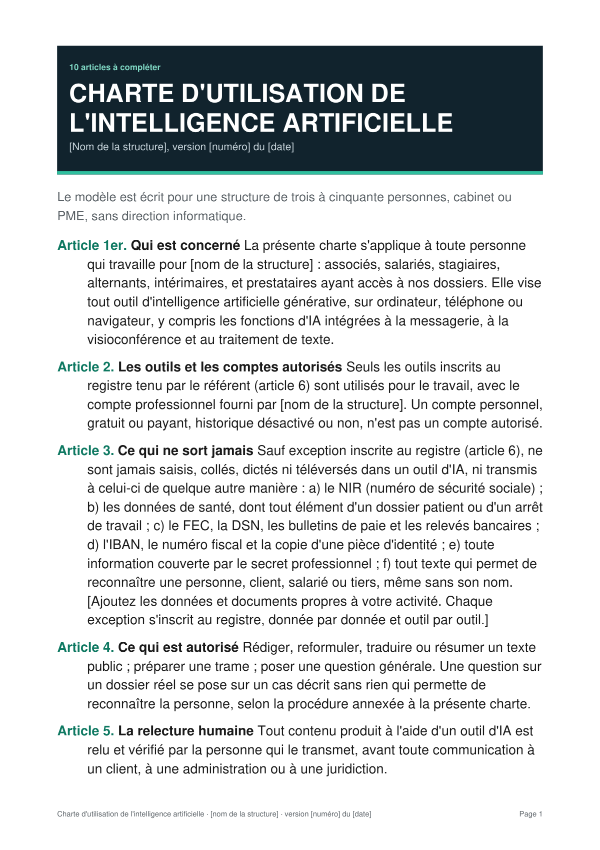 Première page du modèle de charte d'utilisation de l'IA, avec les dix articles à compléter