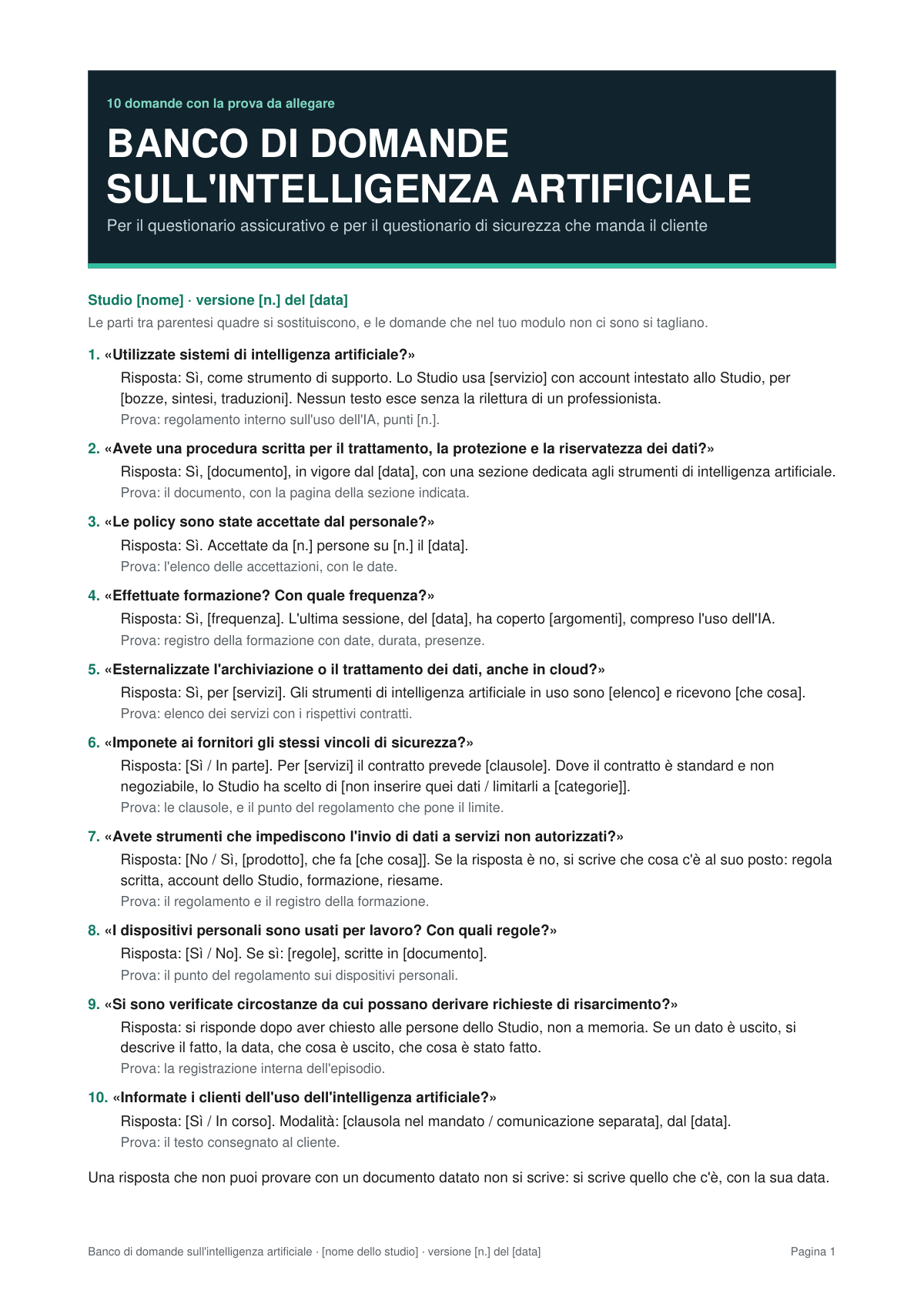 Prima pagina del banco di domande sull'intelligenza artificiale, con le dieci domande, la risposta modello e la prova da allegare