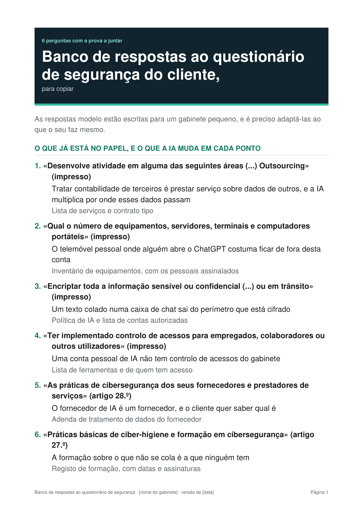 Primeira página do banco de respostas, com as seis perguntas do papel, onde a IA lhes toca e a prova que se junta a cada uma